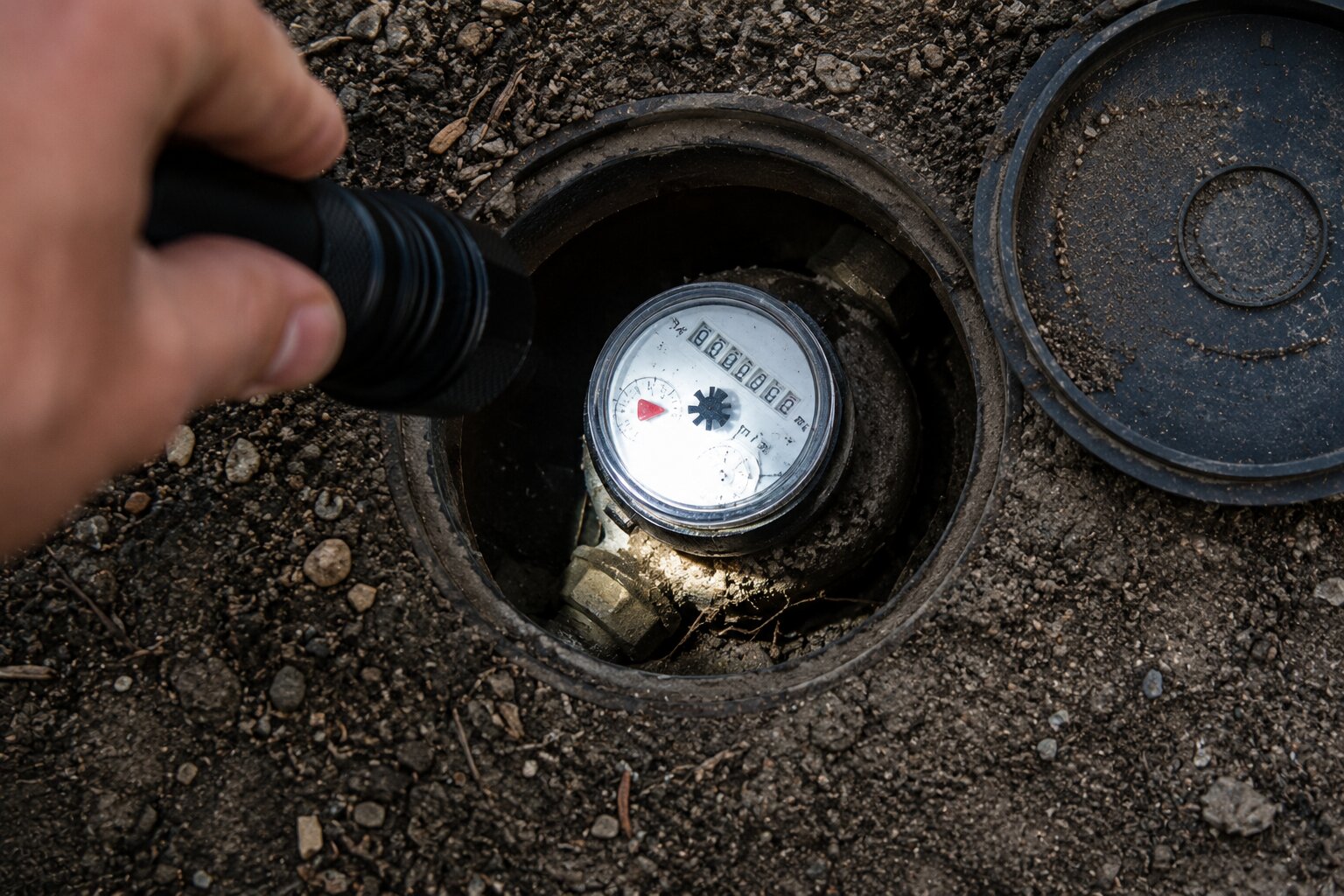 Reading the leak indicator triangle on a water meter to confirm a hidden leak